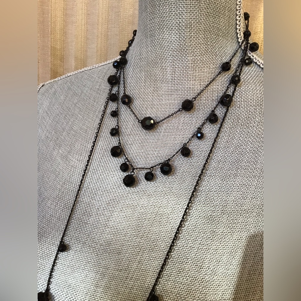 Unusual Vintage 3 Tier Black Glass Beaded Necklace